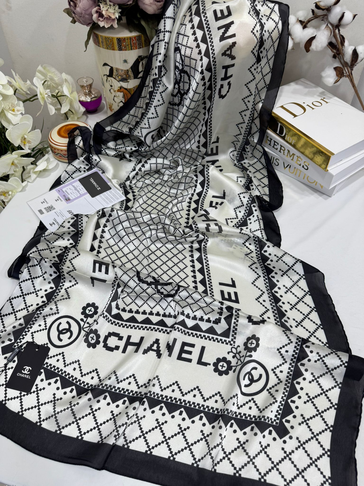 Chanel Çift Taraflı İthal Vual İpel Şal 85651 - Ekru - Organic ScarfsOrganic Scarfs