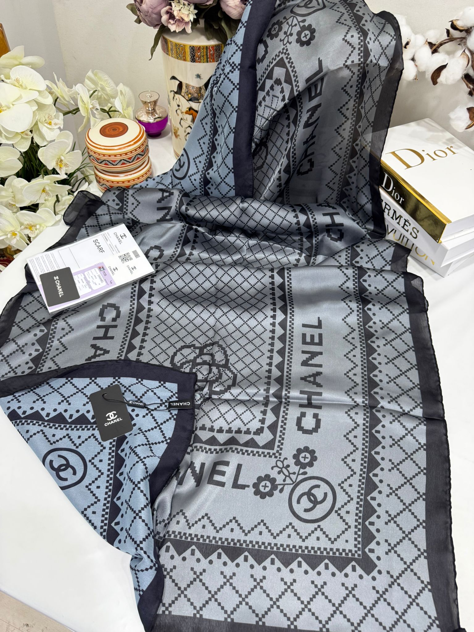 Chanel Çift Taraflı İthal Vual İpel Şal 85651 - Füme - Organic ScarfsOrganic Scarfs