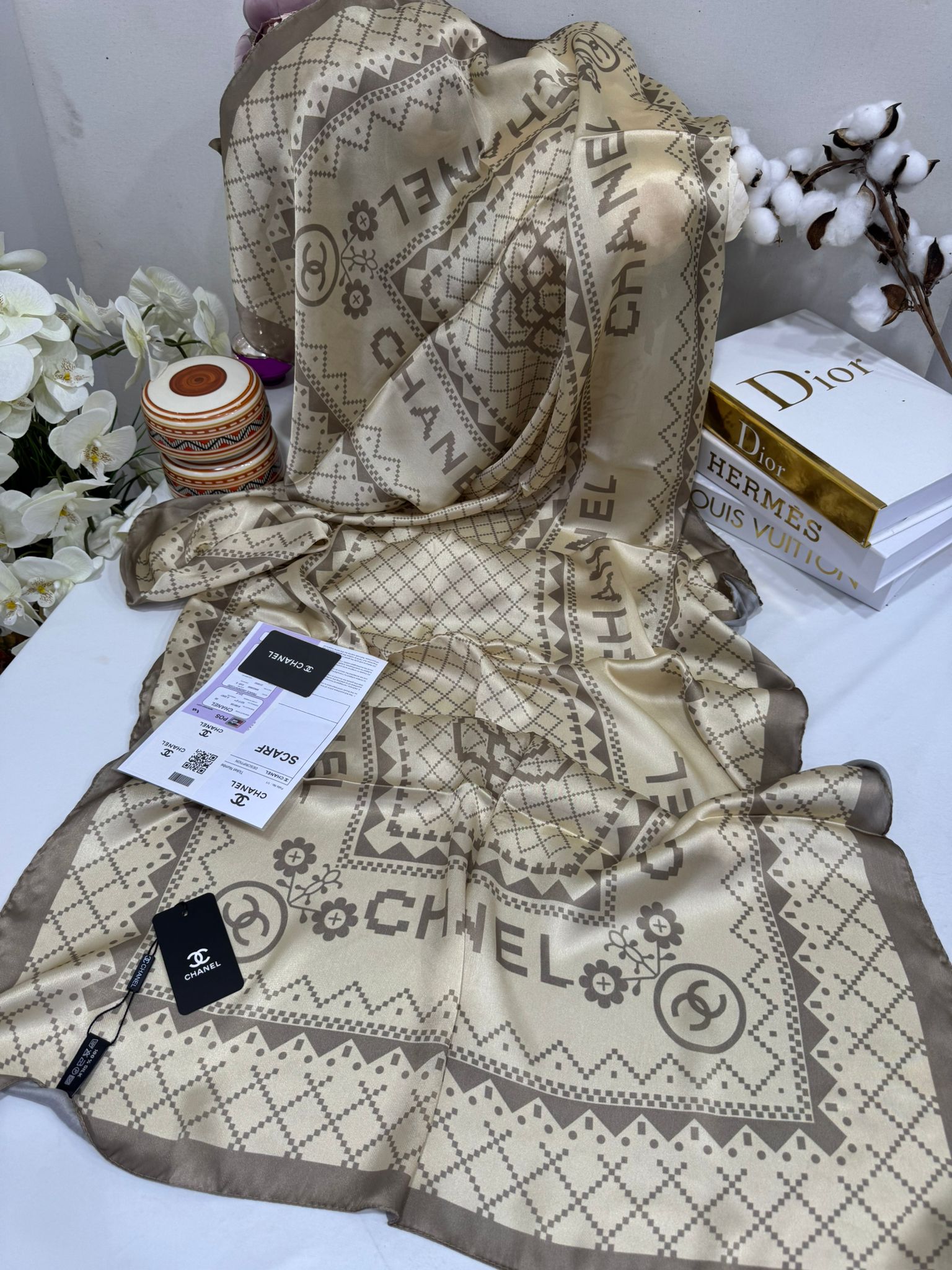 Chanel Çift Taraflı İthal Vual İpel Şal 85651 - Soft Bej - Organic ScarfsOrganic Scarfs