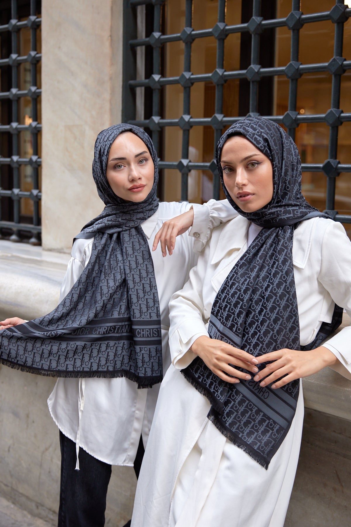 Dior Desenli İpek Kaşmir Çift Taraflı Şal 78002 - Antrasit - Organic ScarfsOrganic Scarfs